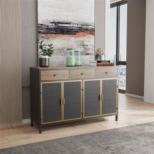 48" Wide 4 Doors Modern Sideboard with 3 Top Drawers, Freestanding Sideboard Storage Cabinet Entryway Floor Cabinet for Living Room Office Bedroo 48" Wide 4 Doors Modern Sideboard with 3 Top Drawers, Freestanding Sideboard Storage Cabinet Entryway Floor Cabinet for Living Room Office Bedroo