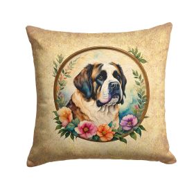 Saint Bernard and Flowers Throw Pillow Machine Washable, Indoor Outdoor Decorative Pillow for Couch, Bed or Patio, 14Hx14W