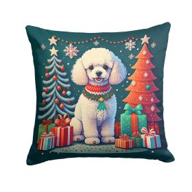 White Toy Poodle Christmas Throw Pillow Machine Washable, Indoor Outdoor Decorative Pillow for Couch, Bed or Patio, 14Hx14W